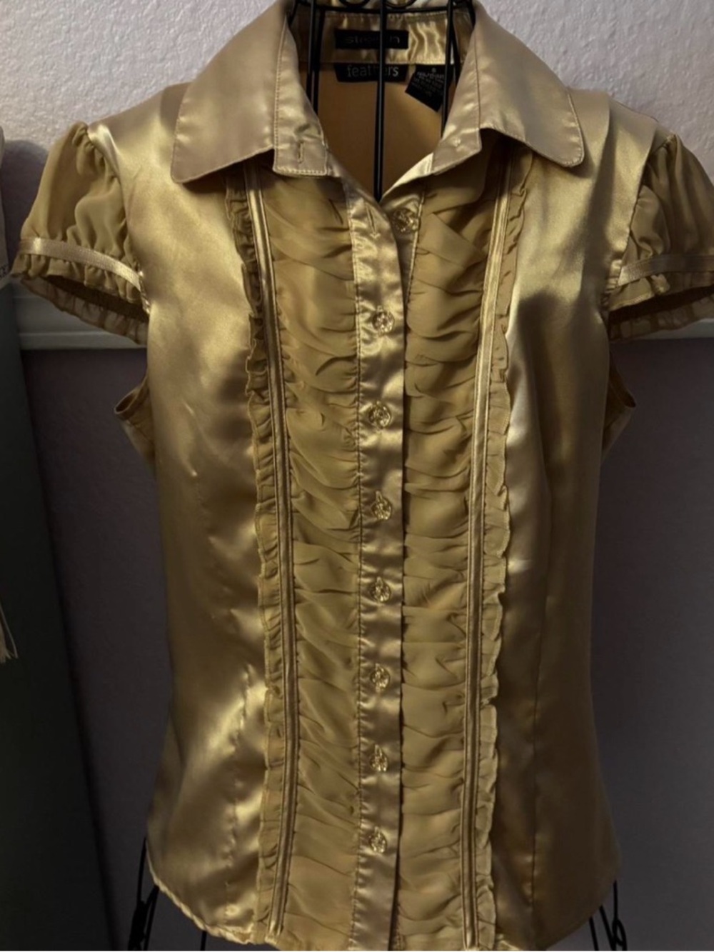Women’s Y2K Satin Ruffle-Front Blouse in Gold Size Small